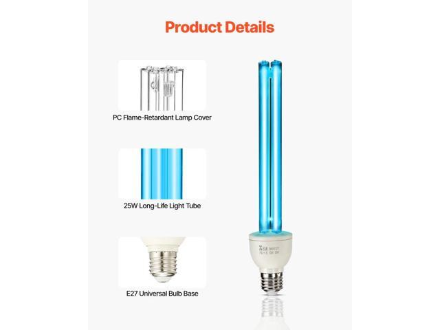 UV Light Bulb, 2 Pack, 25W Replacement Ultraviolet UVC Lamp with Ozone, 253.7 nm + 185 nm Wavelength UVO Light Bulb, E27 Universal, for 400 sqft...