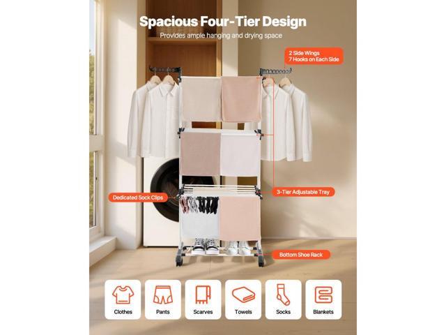 Clothes Drying Rack, 4-Tier Foldable Laundry Dryer Rack, Metal Drying Racks with 24 Drying Rods, Free-Standing and Portable Hanger with 4 Castors...