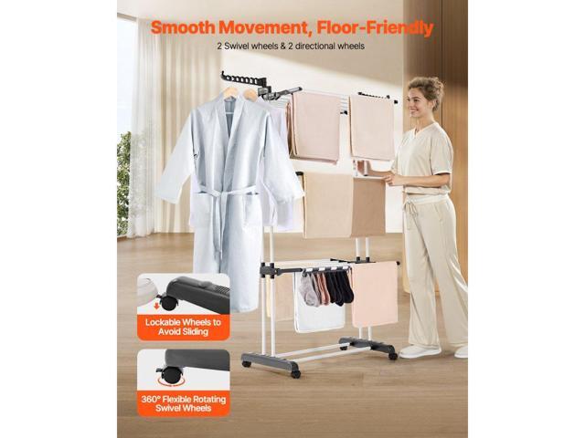 Clothes Drying Rack, 4-Tier Foldable Laundry Dryer Rack, Metal Drying Racks with 24 Drying Rods, Free-Standing and Portable Hanger with 4 Castors...