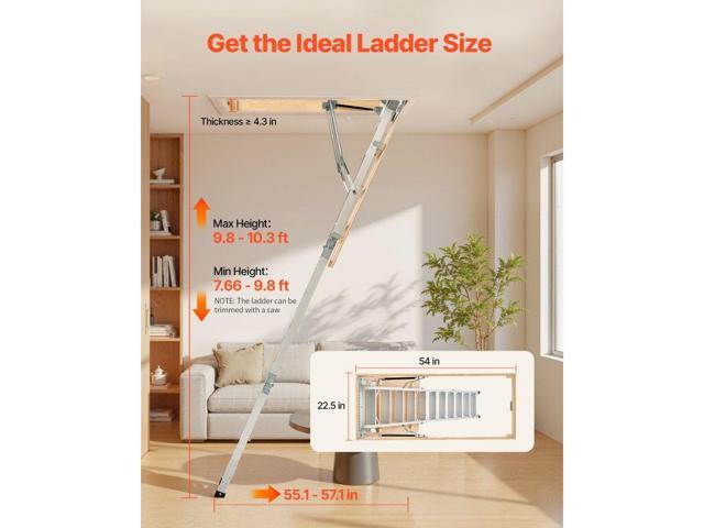 Attic Ladder, 375LBS / 170KG Capacity, 9.8 to 10.3 ft / 3 to 3.13 m Height Adjustable, Multi-Purpose Foldable Aluminium Attic Stairs, Fits 7.66 to...