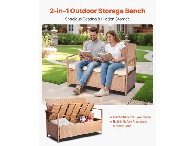 Outdoor Storage Bench, 2-Person PE Rattan Storage Bench, 70 Gal Deck Box with Cushion, Supports up to 265 lbs, Weatherproof Outdoor Seating & Porch...