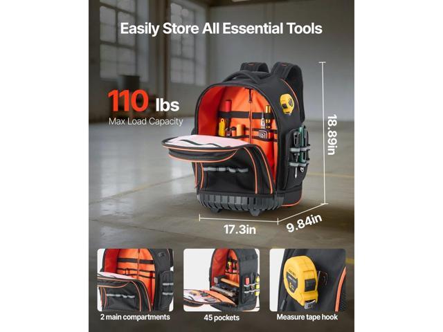 Rolling Tool Backpack, 110 lbs Load Capacity, 45 Pockets Heavy Duty Roller Tool Bag on Wheels, Adjustable Telescoping Handle & Stable Base, Toolbag...