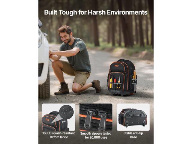 Rolling Tool Backpack, 110 lbs Load Capacity, 45 Pockets Heavy Duty Roller Tool Bag on Wheels, Adjustable Telescoping Handle & Stable Base, Toolbag...