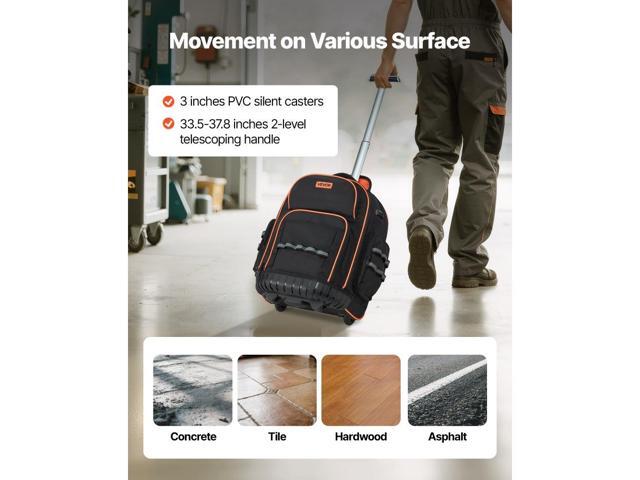 Rolling Tool Backpack, 110 lbs Load Capacity, 45 Pockets Heavy Duty Roller Tool Bag on Wheels, Adjustable Telescoping Handle & Stable Base, Toolbag...