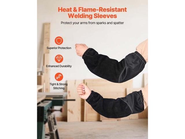 Flame Resistant Welding Work Sleeves, Heavy Duty Cowhide Leather & FR Cotton Arm Protection Sleeves for Men Women - with Elastic Cuffs for Welding,...