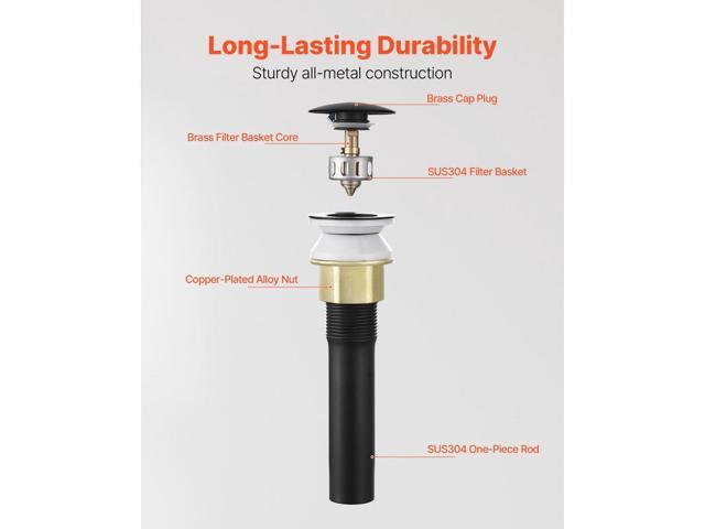 Bathroom Sink Drain with Overflow, Brass and 304 Stainless Steel Pop Up Drains, Anti-Clogging Vessel Sink Drain Strainer, All Metal Hair Catcher...