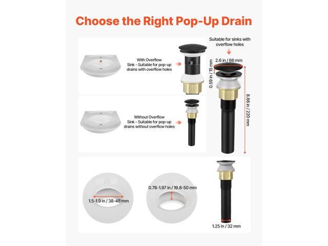 Bathroom Sink Drain with Overflow, Brass and 304 Stainless Steel Pop Up Drains, Anti-Clogging Vessel Sink Drain Strainer, All Metal Hair Catcher...