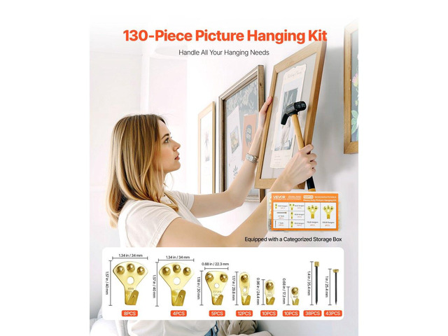 130 Pieces Picture Hanging Kit, 10lb, 20lb, 30lb, 50lb, 75lb and 100lb Picture Hangers, Metal Pictures Hanging Hooks with Nails for Mirror,...
