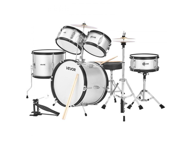 VEVOR Kids Drum Set 5-Piece Beginner Drum Kit with 16 in Bass Drum (Silver)