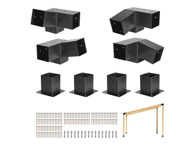 VEVOR Pergola Kit, 4x4 Inch 3-Way Slanted Bracket for 3.5x3.5 Inch Wood Beams in Actual Size, Carbon Steel Pergola Bracket with Screws and Post...