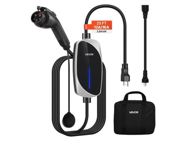 Level 1 & 2 EV Charger, 16 Amp, Electric Vehicle Portable Charger with 25 ft Charging Cable, 120V-240V, NEMA 6-20P Plug NEMA 5-15 Adapter, LED...