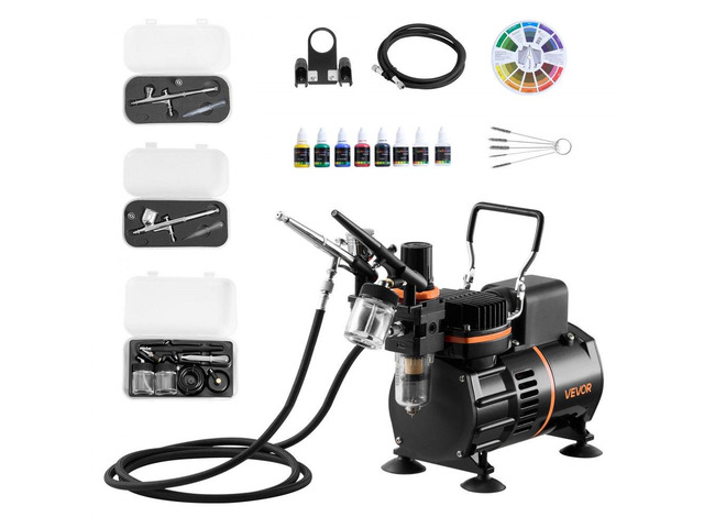 Airbrush Kit, 1/6 HP, Air Brush Kit with Air Compressor, 3 Dual-Action Professional Airbrushes with 3 Tips, Hose, Acrylic Paint, 2 Fans, Low Noise,...
