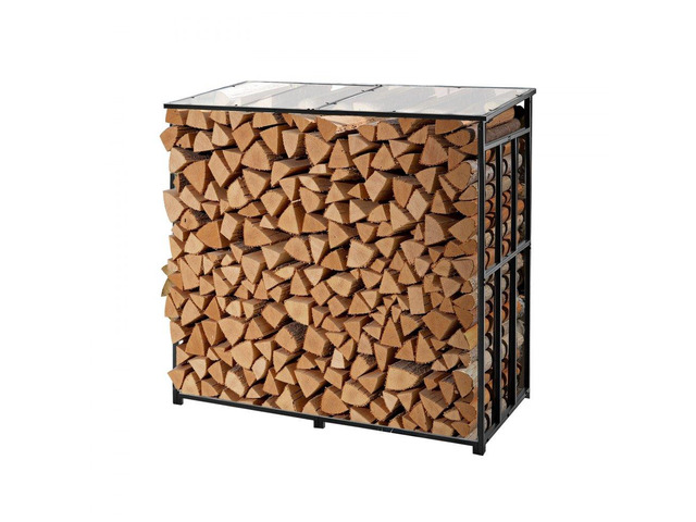 Firewood Rack with Sloped Roof, 4 ft Outdoor Firewood Holder, 1/4 Cord Log Storage Shed, 660lb Max Weight Capacity, Powder-Coated Metal Wood...