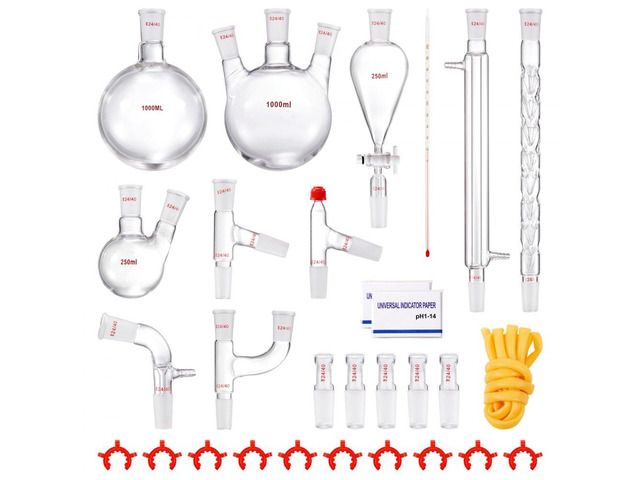 Lab Distillation Kit, 3.3 Boro Lab Glassware Distillation Kit with 24, 40 Joint, 1000ml Essential Oil Distillation Apparatus Kit, 29 pcs Set of...
