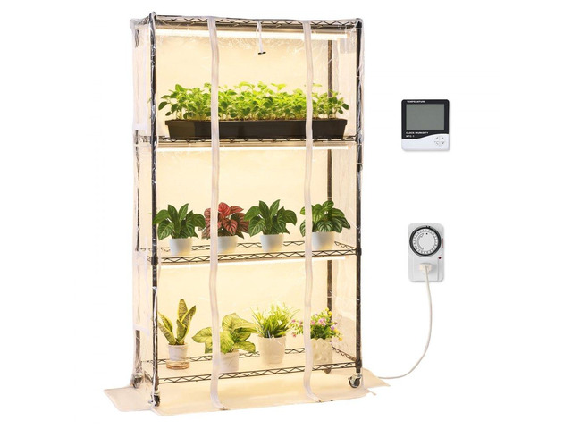 VEVOR Indoor Greenhouse with Grow Light, 59 in Tall 4-Tier Plant Stand with Clear Cover, Timer & Hygrometer, 180W Full Spectrum Grow Lights, Metal...