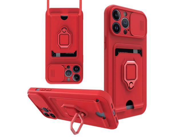High Quality iPhone 13 Pro Case with Camera cover, Kickstand, Slide lens protection, Magnetic ring stand, Crossbody strap and Card holder In Red