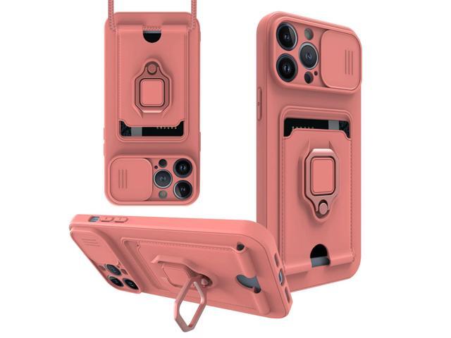 High Quality iPhone 13 Pro Case with Camera cover, Kickstand, Slide lens protection, Magnetic ring stand, Crossbody strap and Card holder In Pink