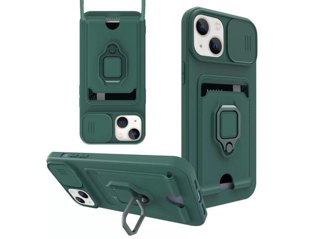High Quality iPhone 13 Case with Camera cover, Kickstand, Slide lens protection, Magnetic ring stand, Crossbody strap and Card holder In Green