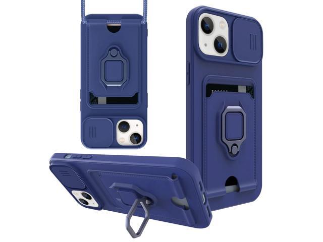 High Quality iPhone 13 Case with Camera cover, Kickstand, Slide lens protection, Magnetic ring stand, Crossbody strap and Card holder In Navy