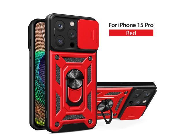 Kickstand Ring Holder with Slide Camera Cover TPU Magnetic Car Mount for APPLE IPHONE 15 PRO In Red