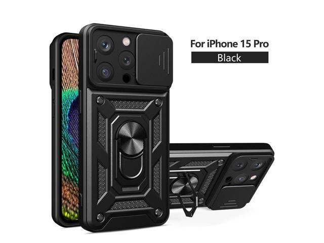 Kickstand Ring Holder with Slide Camera Cover TPU Magnetic Car Mount for APPLE IPHONE 15 PRO In Black