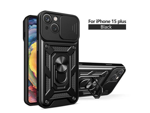 Kickstand Ring Holder with Slide Camera Cover TPU Magnetic Car Mount for APPLE IPHONE 15 PLUS In Black