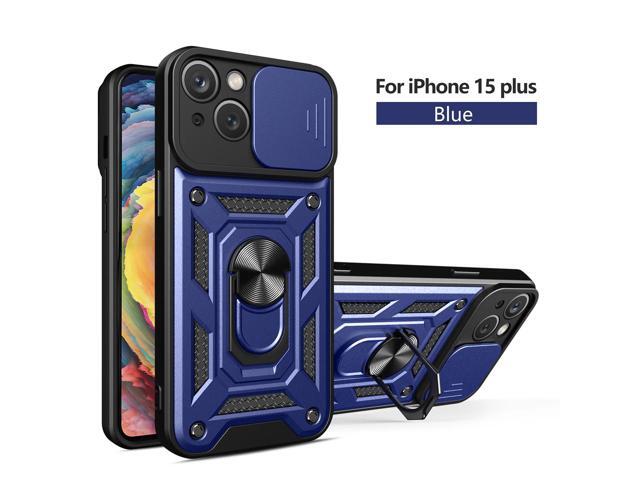Kickstand Ring Holder with Slide Camera Cover TPU Magnetic Car Mount for APPLE IPHONE 15 PLUS In Blue