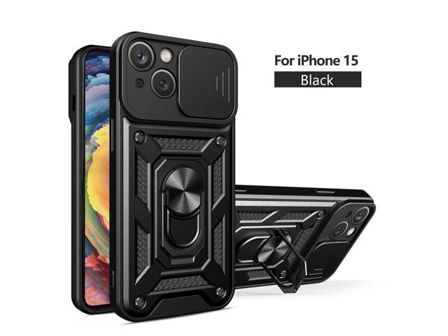 Kickstand Ring Holder with Slide Camera Cover TPU Magnetic Car Mount for APPLE IPHONE 15 In Black