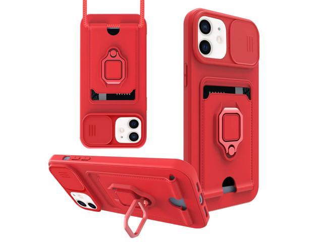 High Quality iPhone 12 Case with Camera cover, Kickstand, Slide lens protection, Magnetic ring stand, Crossbody strap and Card holder In Red