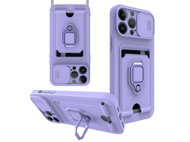 High Quality iPhone 12 Pro Case with Camera cover, Kickstand, Slide lens protection, Magnetic ring stand, Crossbody strap and Card holder In Purple