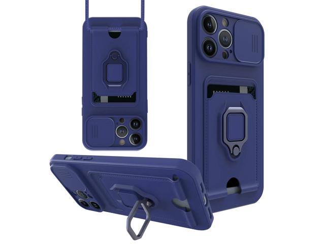 High Quality iPhone 12 Pro Case with Camera cover, Kickstand, Slide lens protection, Magnetic ring stand, Crossbody strap and Card holder In Navy