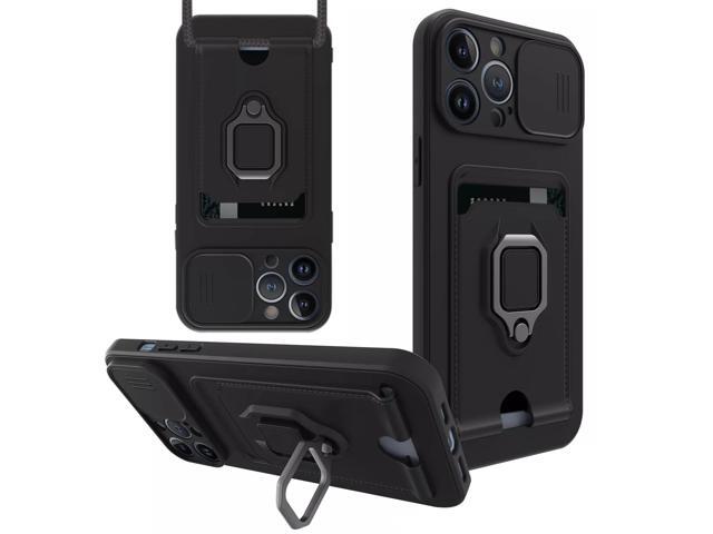 High Quality iPhone 12 Pro Case with Camera cover, Kickstand, Slide lens protection, Magnetic ring stand, Crossbody strap and Card holder In Black