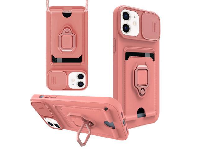 High Quality iPhone 12 Case with Camera cover, Kickstand, Slide lens protection, Magnetic ring stand, Crossbody strap and Card holder In Pink