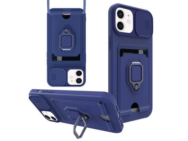 High Quality iPhone 12 Case with Camera cover, Kickstand, Slide lens protection, Magnetic ring stand, Crossbody strap and Card holder In Navy
