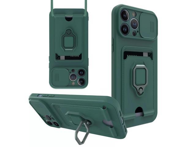 High Quality iPhone 12 Max Case with Camera cover, Kickstand, Slide lens protection, Magnetic ring stand, Crossbody strap and Card holder In Green