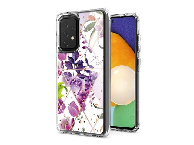 Flower Design Pattern Printing Dual Layer Hybrid Hard Plastic and Soft TPU Rubber Case Cover for SAMSUNG GALAXY A52 5G In Purple Base Flower
