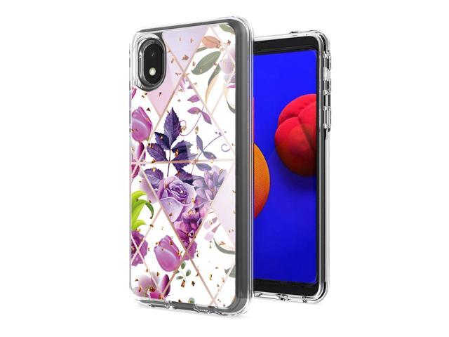 Flower Design Pattern Printing Dual Layer Hybrid Hard Plastic and Soft TPU Rubber Case Cover for SAMSUNG GALAXY A01 CORE In Purple Base Flower