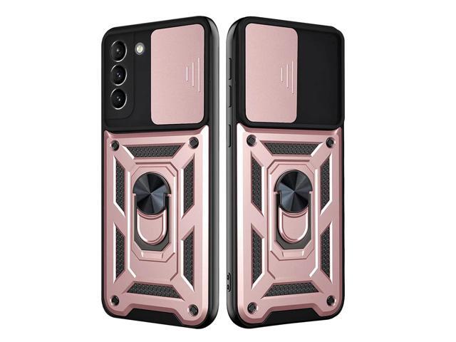 Kickstand Ring Holder with Slide Camera Cover TPU Shockproof Case and Magnetic Car Mount for SAMSUNG GALAXY S21 FE In Rose Gold