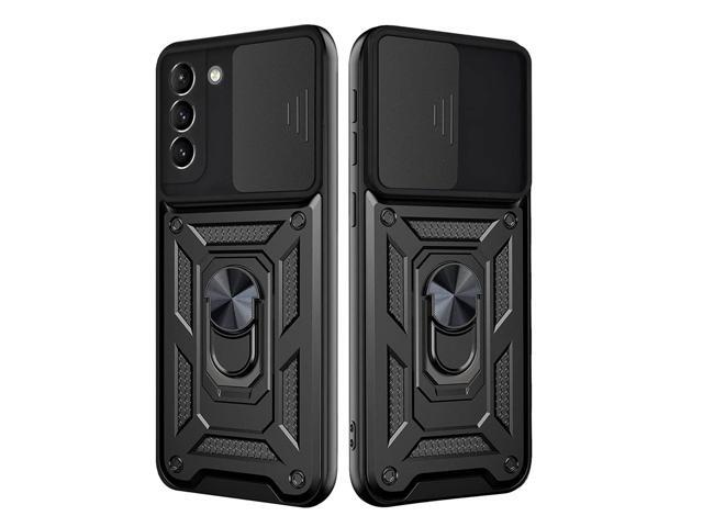 Kickstand Ring Holder with Slide Camera Cover TPU Shockproof Case and Magnetic Car Mount for SAMSUNG GALAXY S21 FE In Black