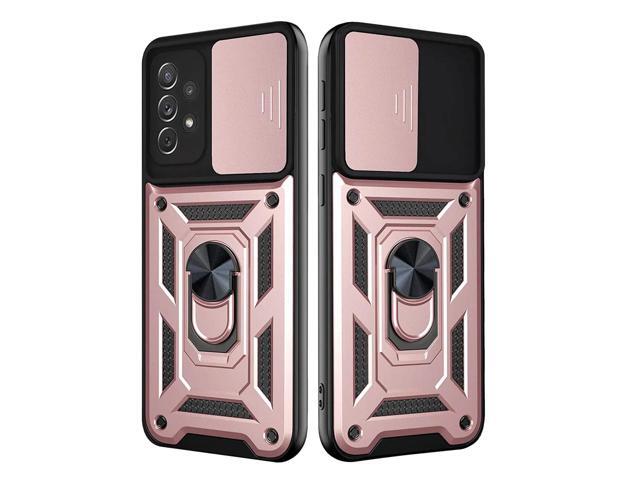 Kickstand Ring Holder with Slide Camera Cover TPU Shockproof Case and Magnetic Car Mount for SAMSUNG GALAXY A72 5G In Rose Gold