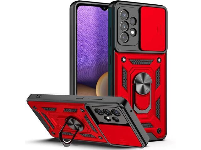 Kickstand Ring Holder with Slide Camera Cover TPU Shockproof Case and Magnetic Car Mount for SAMSUNG GALAXY A52 5G In Red
