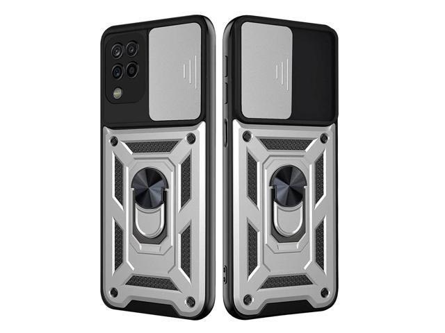Kickstand Ring Holder with Slide Camera Cover TPU Shockproof Case and Magnetic Car Mount for SAMSUNG GALAXY A42 5G In Silver