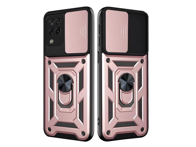 Kickstand Ring Holder with Slide Camera Cover TPU Shockproof Case and Magnetic Car Mount for SAMSUNG GALAXY A42 5G In Rose Gold