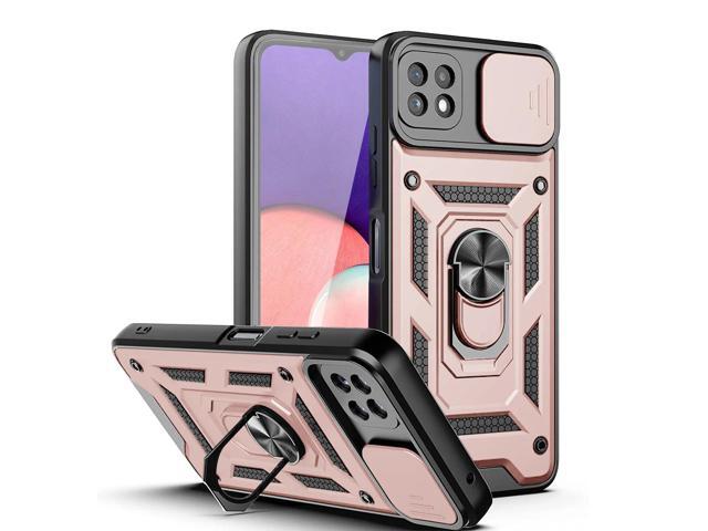 Kickstand Ring Holder with Slide Camera Cover TPU Magnetic Car Mount for GALAXY A22 5G In Rose gold