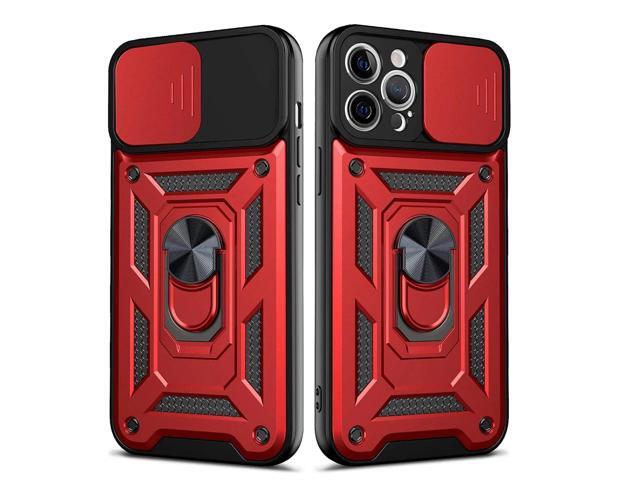 Kickstand Ring Holder with Slide Camera Cover TPU Shockproof Case and Magnetic Car Mount for APPLE IPHONE 12 PRO MAX In Red
