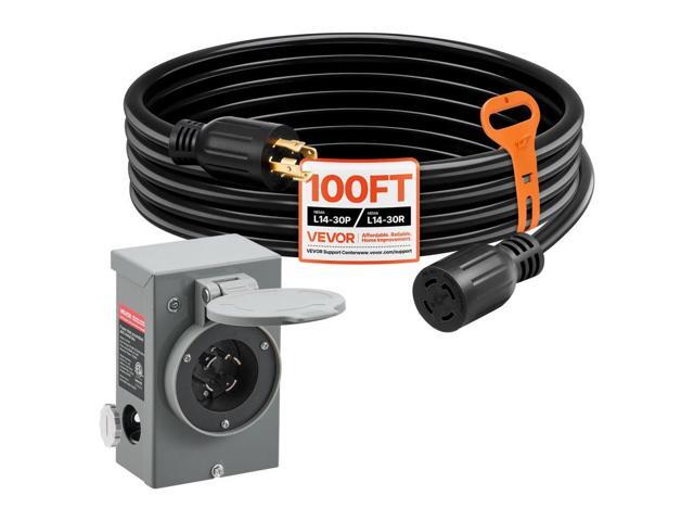 VEVOR 30 Amp Generator Cord and Power Inlet Box, 100 FT, 125/250V NEMA L14-30P to L14-30R Heavy Duty Extension Power Cord, SJTW 10AWG 7500W,...