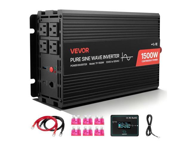 VEVOR 1500W Power Inverter, 12V DC to 120V AC Pure Sine Wave Inverter, Car Charger Converter with Remote Control, USB & Type-C Ports, 4 AC Outlets,...