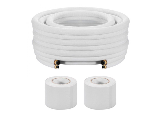 100ft Mini Split Line Set, 1/4 & 1/2 OD AC Copper Tubing Pipe, 3/8 White PE Thickened Insulated Coil with Flared Nuts, Strapping Tapes, for Mini...