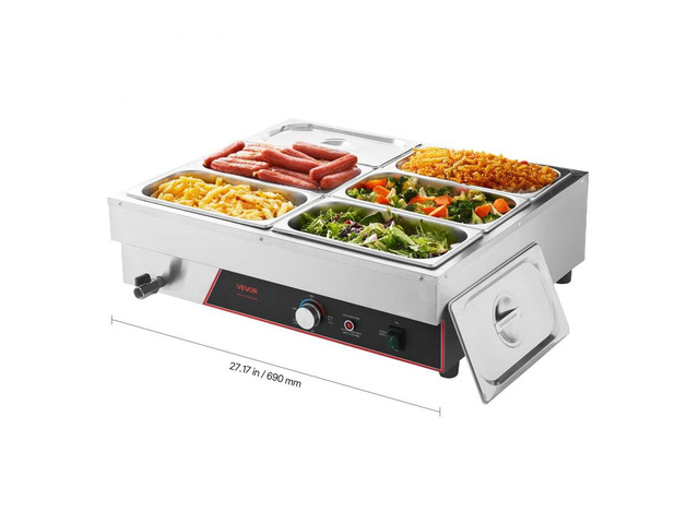 Commercial Food Warmer, 1500W Electric Stainless Steel Steam Food Warming with Lid, 6-Pan Fast Heating Countertop Buffet Bain Marie with Power...
