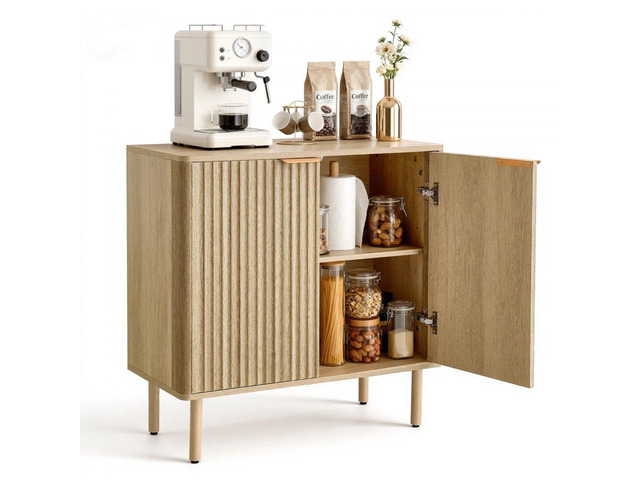 Coffee Bar Cabinet, Mid Century Fluted Coffee Bar Table with 2-Tier Storage, Buffet Stand Cabinet with 2 Barn Door, Sideboard Buffet Station for...